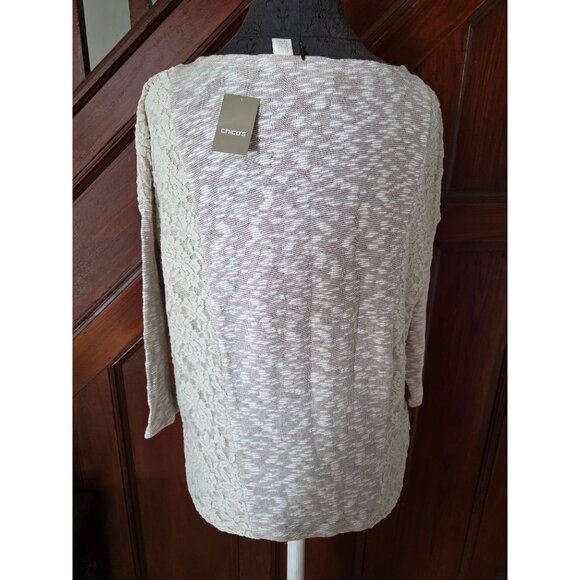 Chicos Womens 3/4 Sleeve Laurel Lace Inset Top Size 1 Beige M - Picture 3 of 7
